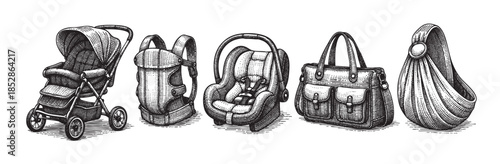 Vintage style illustration of essential baby gear including a stroller, two car seats, a diaper bag, and a baby sling set against a white background.