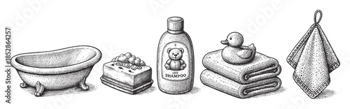 A charming vintage line art illustration features a freestanding bathtub, a bar of soap with suds, baby shampoo bottle with teddy bear label, folded towels, and a rubber duck.