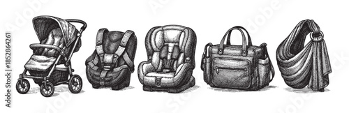 Vintage style illustration of essential baby gear including a stroller, two car seats, a diaper bag, and a baby sling set against a white background.