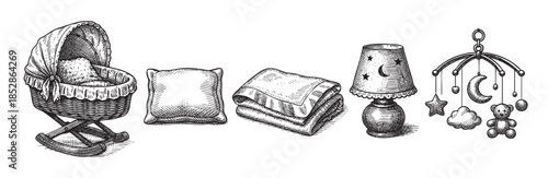 A charming vintage-style line art collection featuring a wicker bassinet, pillow, blanket with celestial motifs, a lamp, and a mobile with stars, moon, elephant, and clouds.