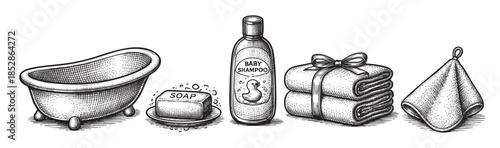 A whimsical, vintage-style illustration depicts a baby bathtub, bar of soap with bubbles, baby shampoo bottle featuring a duck, folded towels tied with a ribbon, and a washcloth.