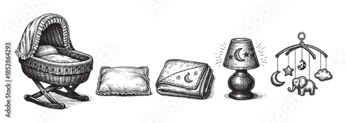 A charming vintage-style line art collection featuring a wicker bassinet, pillow, blanket with celestial motifs, a lamp, and a mobile with stars, moon, elephant, and clouds.