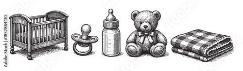 A charming black and white line art illustration depicts a vintage collection of baby essentials including a crib, pacifier, baby bottle, teddy bear, and blanket.