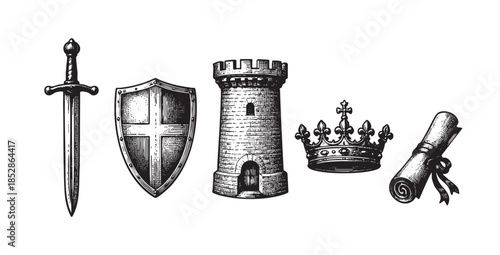 A vintage illustration features a sword, shield, tower, crown, and scroll arranged horizontally, evoking themes of power, history, and royalty with a classic graphic style.