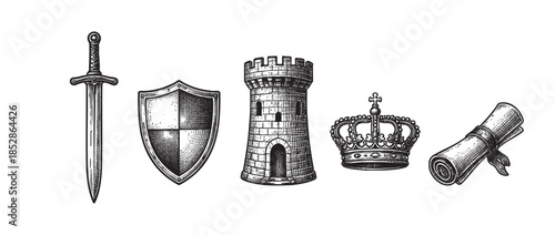 A collection of vintage black and white illustrations depicting medieval symbols including a sword, shield, castle tower, crown, and rolled scroll, set against a white background.