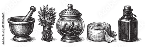 A detailed black and white engraving showcases a collection of vintage apothecary items including a mortar and pestle, herbs, a jar, bandages, and a bottle.