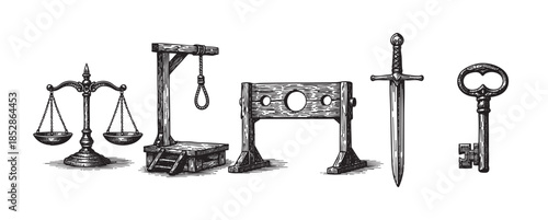 A collection of vintage line art symbols including scales of justice, a gallows, stocks, a sword, and an antique key, representing law, justice, and punishment.