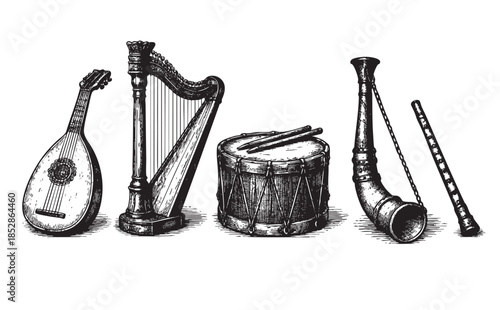 A black and white line art illustration of various antique musical instruments, including a harp, lute, drum, bagpipe, and flute, arranged horizontally.