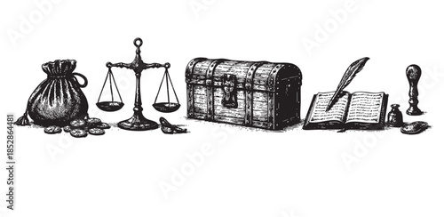 This illustrative black and white image depicts a collection of vintage items including a money bag, coins, scales, a treasure chest, a book with a quill, inkwell, and a stamp.