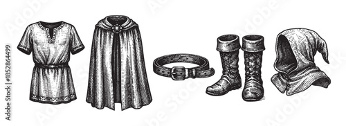 A black and white woodcut illustration displays a collection of medieval clothing items, including a tunic, cape, belt, boots, and hood, isolated on a white background.