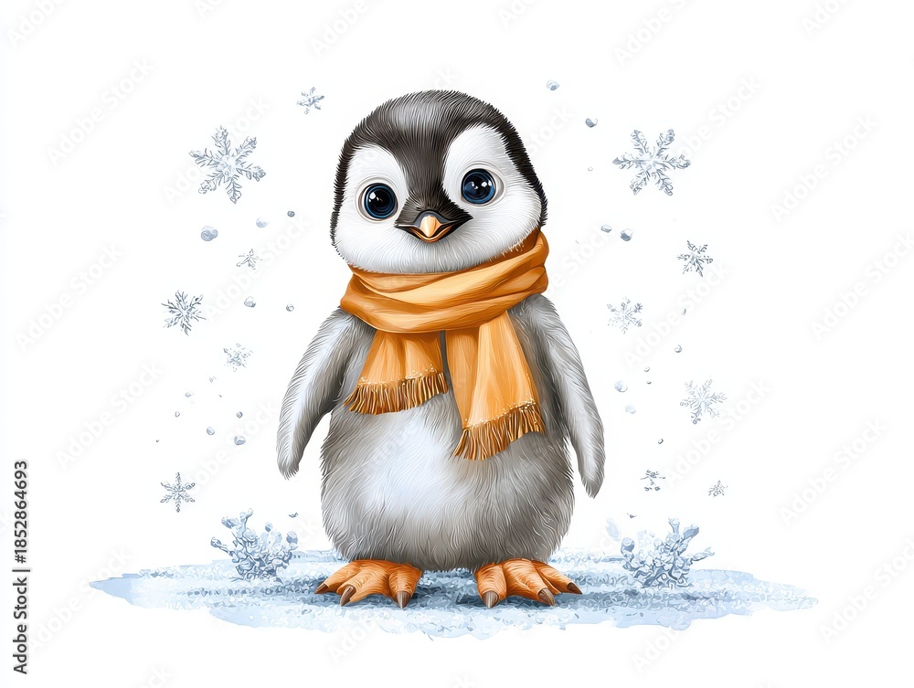 Fototapeta premium An adorable penguin wearing an orange scarf stands on snowy ground, surrounded by snowflakes, evoking a cute winter atmosphere.