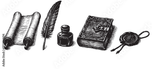 A detailed woodcut illustration features an antique quill pen, inkwell, rolled scroll, leather-bound book, and a wax seal with cords, evoking a sense of history and scholarship.