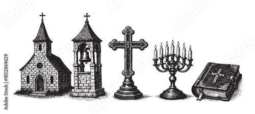 An illustration featuring a church, bell tower, cross, candelabra, and bible, rendered in a classic black and white engraving style with intricate detail.