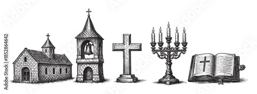 A vintage illustration features a row of religious symbols including a church, bell tower, cross, candelabra, and an open bible, rendered in a detailed black and white sketch style.