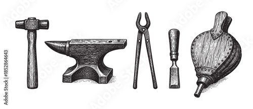 A vintage engraving depicts a collection of blacksmith tools including a hammer, anvil, tongs, chisel, and bellows, rendered in black and white with a classic etched style.