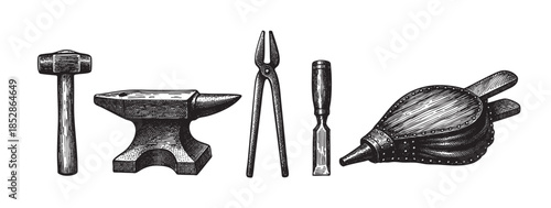A black and white engraving style illustration featuring a collection of antique blacksmith tools including an anvil, hammer, tongs, chisel, and bellows, isolated on a white background.