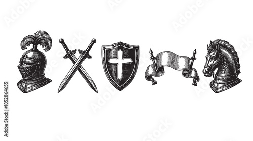A vintage woodcut style illustration features knightly elements including a helmet, crossed swords, shield with a cross, a banner, and a horse head, perfect for historical or fantasy themes.