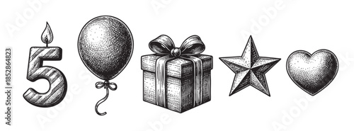 A retro-style black and white illustration featuring a lit number five candle, a balloon, a gift box with a bow, a star, and a heart on a white background.
