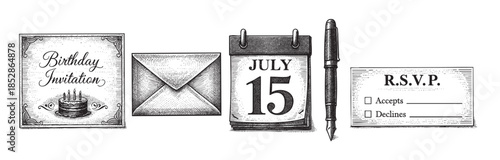 A collection of black and white line art illustrations depict elements for planning a party including a birthday invitation, envelope, calendar, pen, and RSVP card.