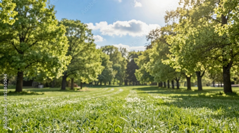 Obraz premium Sun shines over green park with trees lining the grassy path in spring season Generative AI