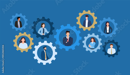 Team or organization, office role or job position or skills to drive company, teamwork or collaboration for success, team effort concept, business people working to rotate connected cogwheels gear