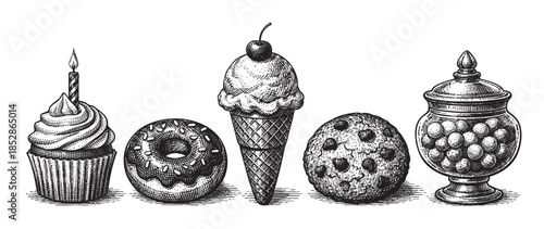 A detailed black and white line art illustration of assorted vintage desserts including a cupcake with candle, donut, ice cream cone, cookie, and candy jar on a white background.