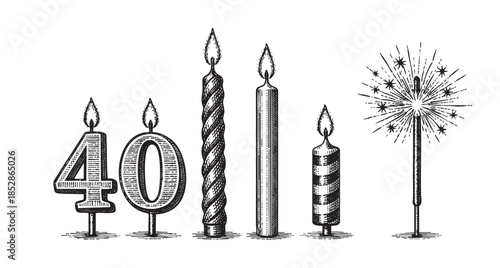 A vintage style engraving illustration features the number forty candles alongside assorted decorative candles and a sparkler, perfect for celebratory designs and anniversaries.