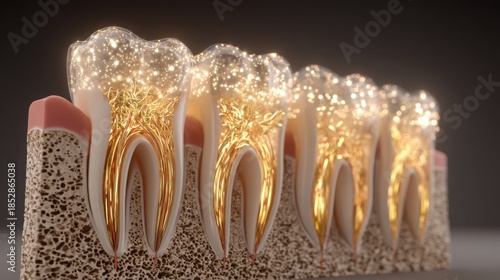 realistic medical illustration of a healthy gum structure and dental roots, glowing golden light representing vital nutrients, clean clinical style