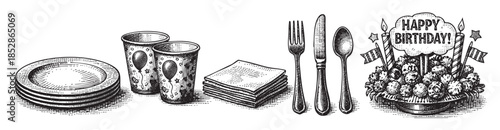 A charming black and white illustration depicts a birthday party table setting including plates, cups, napkins, silverware, and a festive arrangement with candles and balloons.