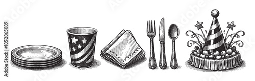 A black and white vintage illustration depicts stack of plates, a patriotic cup, folded napkins, silverware, and a festive party hat on a white background, perfect for holiday or event themes.