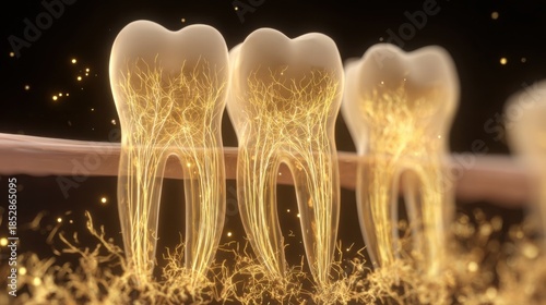 realistic medical illustration of a healthy gum structure and dental roots, glowing golden light representing vital nutrients, clean clinical style