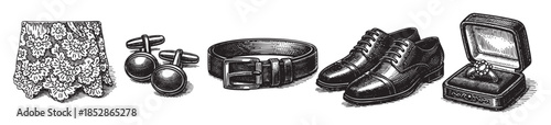 A detailed line drawing illustrates a collection of vintage men's accessories including lace, cufflinks, belt, shoes, and a ring box, perfect for fashion or historical themes.
