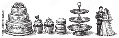 A classic line art illustration depicts a wedding cake, cupcakes, macarons, a tiered stand, and a newlywed couple, ideal for invitations or celebration designs.