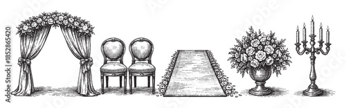 A black and white vintage illustration depicts elements for a wedding ceremony, including a floral arch, chairs, a runner, and a candelabra, ideal for invitations or decor.