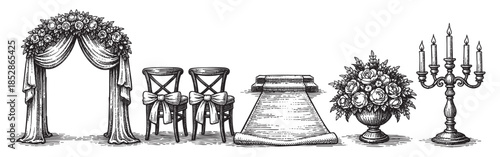 A black and white vintage illustration depicts elements for a wedding ceremony, including a floral arch, chairs, a runner, and a candelabra, ideal for invitations or decor.