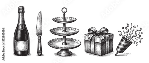 A classic black and white engraving style illustration features a champagne bottle, knife, tiered cake stand, gift box, and popper with confetti, evoking a festive celebratory mood.
