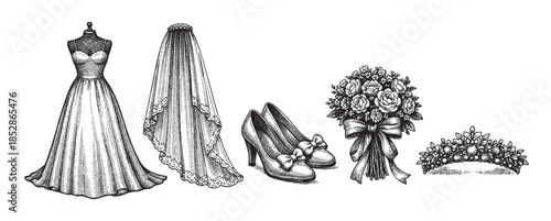 A black and white line art illustration features wedding attire including a dress on a mannequin, veil, high heels, flower bouquet, and tiara, set against a white background.