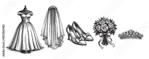 A black and white ink sketch depicts a wedding dress on a mannequin, a veil, high heels, a bouquet of roses, and a tiara, evoking elegance and tradition.