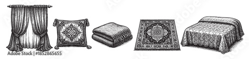 A vintage black and white illustration displays a collection of decorative home furnishings including curtains, a cushion, blankets, a rug, and a bed with a draped cover.