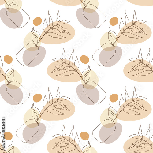 Trendy minimalist seamless botanical pattern with abstract creative line art hand drawn composition