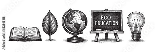 A vintage woodcut style illustration shows five symbols of education and environmental awareness, including an open book, leaf, globe, blackboard with "ECO EDUCATION," and a lightbulb.