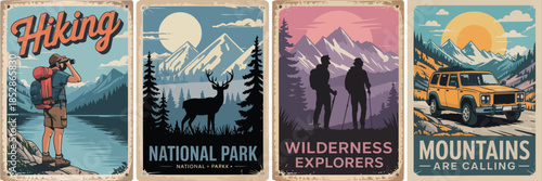 Hiking and Camping Posters: Retro Mountain Adventure Illustrations Set. National Park Style Graphics for Wilderness Explorers, Forest Travel, and Outdoor Summer Camp.