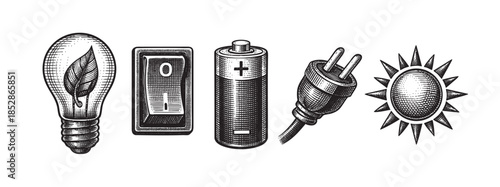 A black and white woodcut style illustration displays a collection of energy-related icons including a light bulb with a leaf, a toggle switch, a battery, an electrical plug, and a sun.