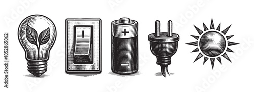 A collection of vintage linocut style icons representing energy and electricity including a lightbulb with leaves, a switch, a battery, a plug, and the sun, symbolizing renewable power sources.