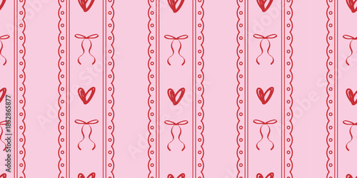 Coquette seamless pattern with red doodle hand drawn hearts, ribbon and bows on pink background. Vintage whimsical borders. Preppy background for fabric, prints, wallpaper or wrapping paper.