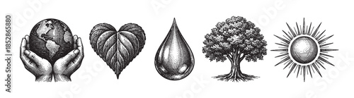 A conceptual line art illustration depicting five iconic symbols of nature and life: hands holding the earth, a heart-shaped leaf, a water droplet, a mature tree, and the sun.