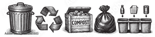 A black and white sketch depicts a sequence of waste management elements, including a trash can, recycling symbol, compost bin, garbage bag, and leftover food, illustrating a process.