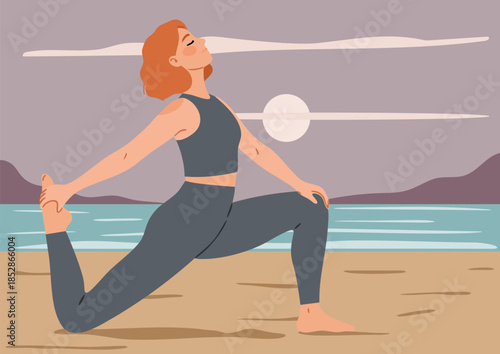 Woman doing fitness, performing yoga pose on a beach during sunset on the seashore. Mindful exercise for stress relief and physical wellness.