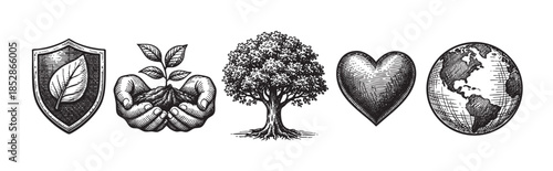 A vintage-style black and white illustration set of five icons representing environmental concepts including a shield with a leaf, hands holding a seedling, a tree, a heart, and planet Earth.