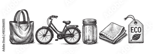 A line drawing in black and white depicts various sustainable objects including a tote bag, bicycle, glass jar, cloth, and an eco tag, representing an environmentally conscious lifestyle.
